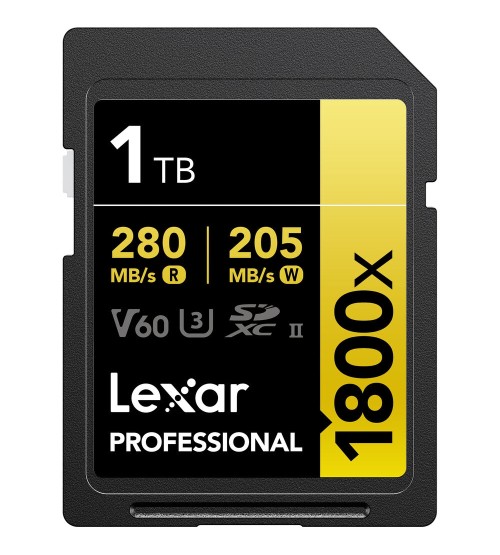 LEXAR 1TB 1800x SDXC UHS-II Card GOLD Series W 205 MB/s R 280 MB/s LSD1800001T-BNNNG 